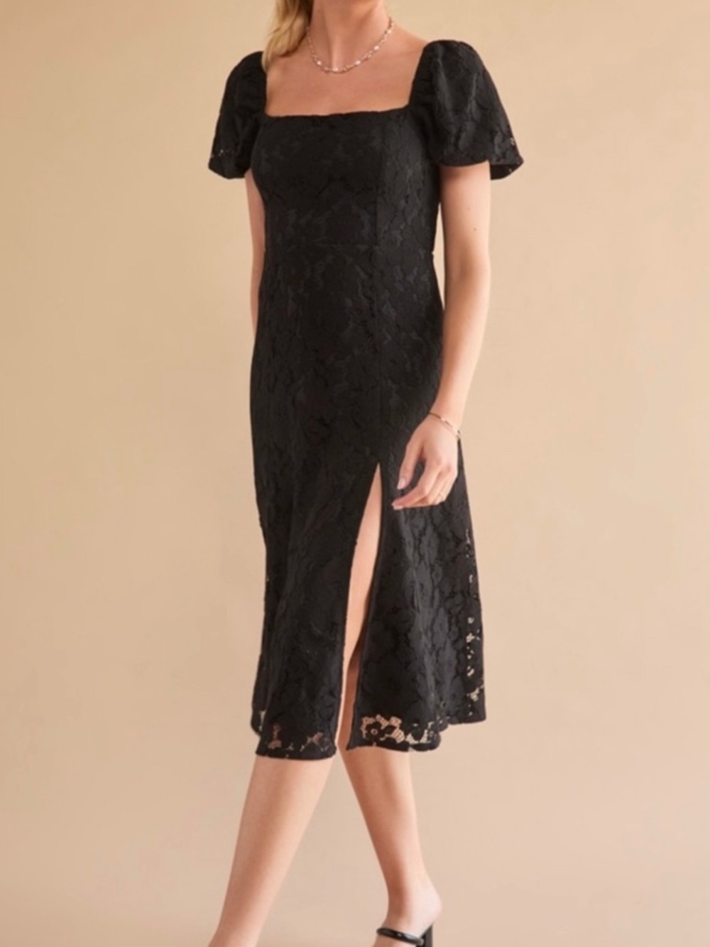New with tag Francesca's Collections Black Lace Midi Dress with Puff Sleeves